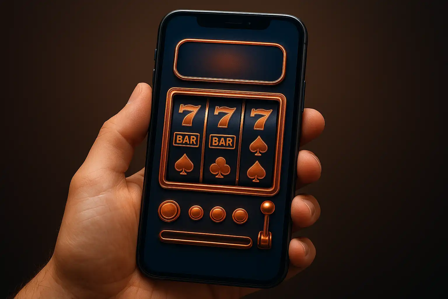 Smartphone displaying a casino slot game interface with copper and navy accents